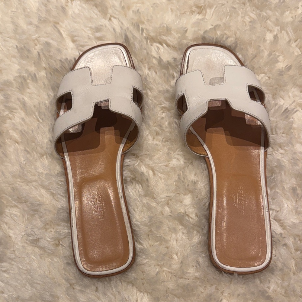 Hermes White Leather H Slide Sandals
